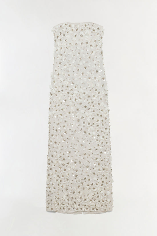 Ivory strapless gown with all-over beaded and sequin embellishments throughout.