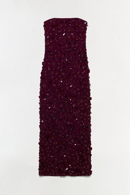 Burgundy strapless gown with allover sequin and beaded embellishments throughout.