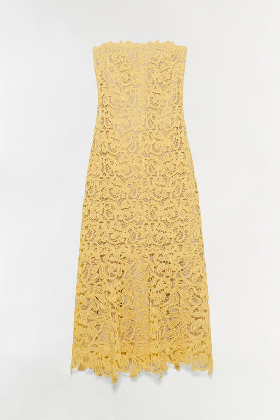 Yellow lace midi dress with strapless bustier bodice and floral openwork pattern throughout.