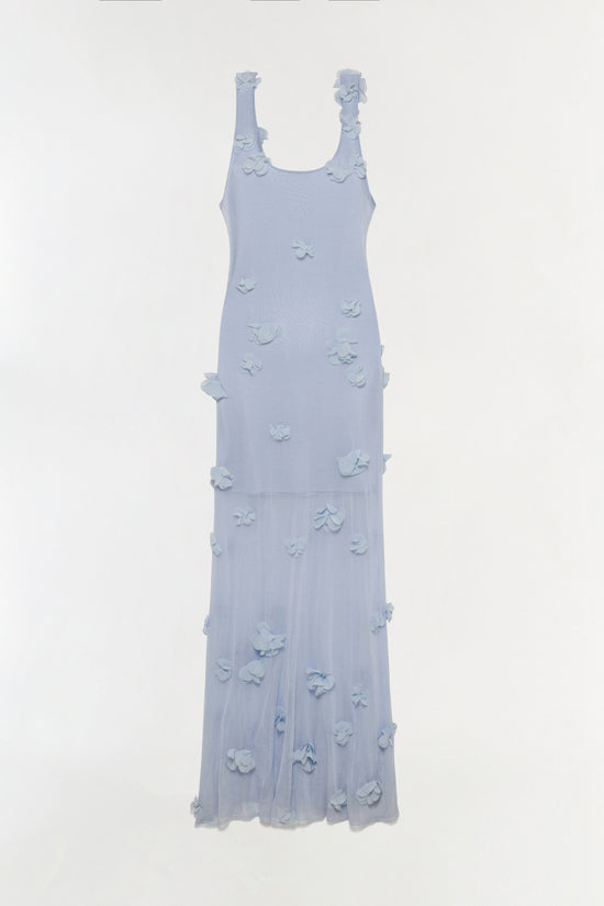 Light blue sleeveless midi dress with three-dimensional floral appliqués scattered throughout the bodice and skirt.