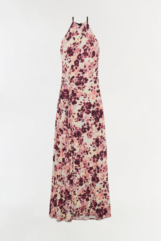 Halter maxi dress with draped fabric in cream and burgundy floral print.