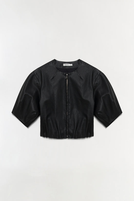 Black leather short sleeve jacket with center front zip closure and gathered hem.
