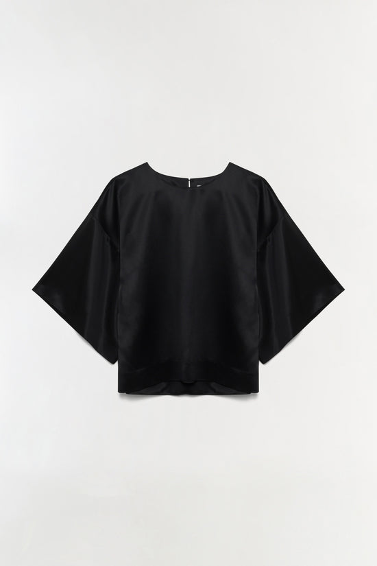 Black satin top with wide three-quarter sleeves, crew neckline, and back zip closure.