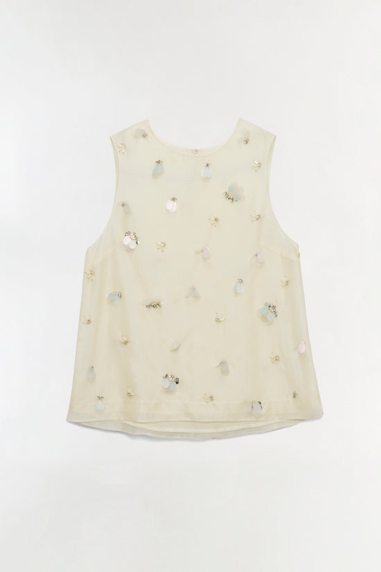 Cream sleeveless organza top with scattered pearl and crystal embellishments throughout.
