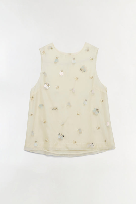 Cream sleeveless organza top with scattered pearl and crystal embellishments throughout.