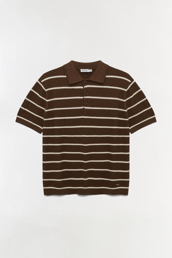 Brown and cream striped boucle polo shirt with short sleeves and collar.
