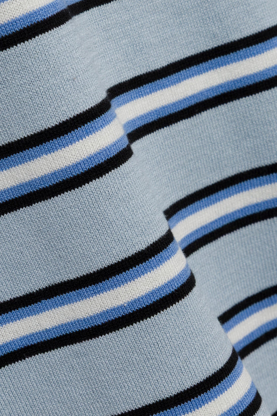 Light blue tee with horizontal stripes in black, white, and blue.