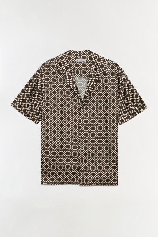 Brown and cream checkerboard patterned short-sleeve silk shirt with button front and collar.