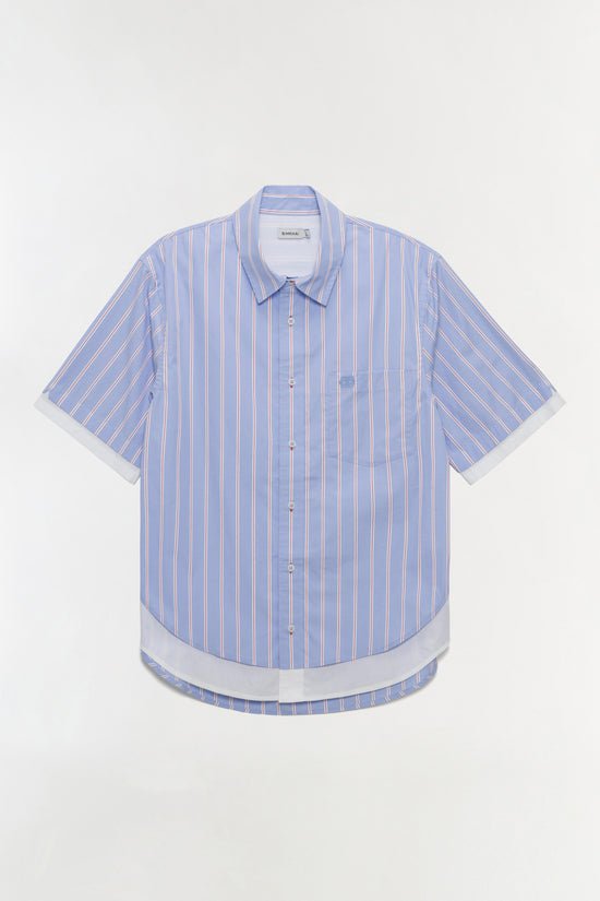 Blue and white striped cotton shirt with short sleeves, collar, and button front closure.