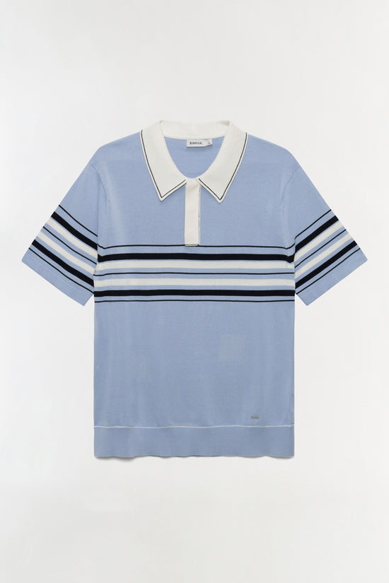 Light blue cotton knit popover with white collar, navy and white horizontal stripes across chest, and short sleeves.