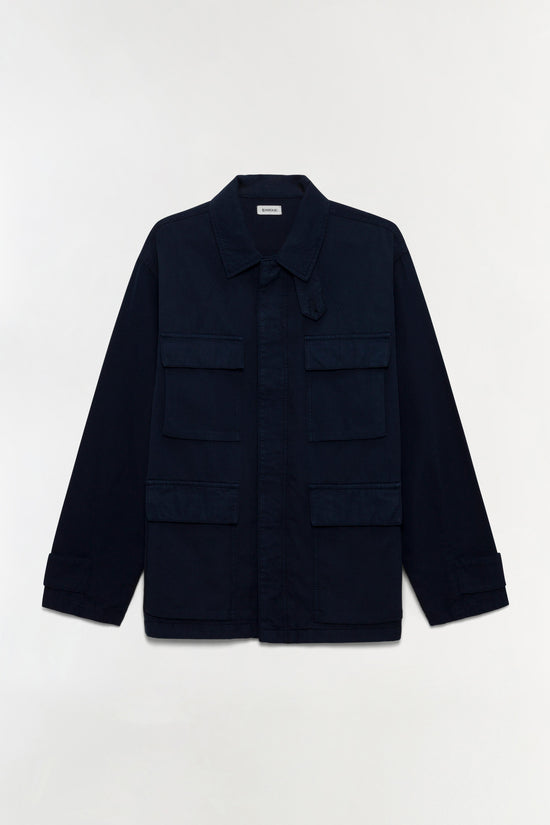 Navy blue utility jacket with button front, collar, and multiple chest and torso pockets.