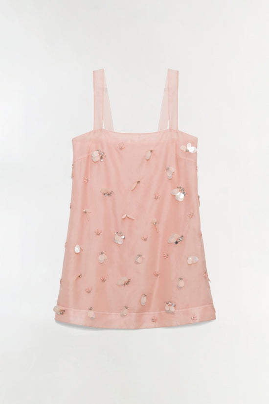 Pale pink sleeveless mini dress with sheer organza fabric and scattered pearl and crystal embellishments throughout.