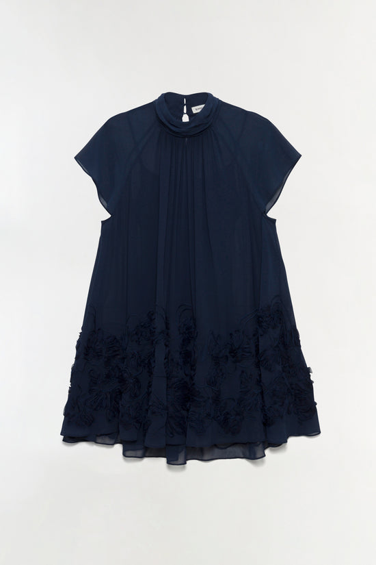 Navy sleeveless mini dress with pleated bodice and embroidered floral hem detail.