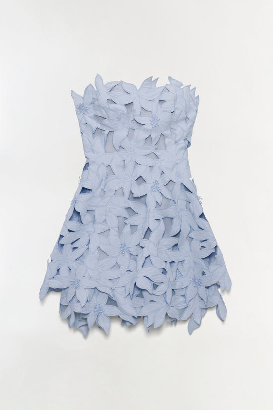 Light blue cotton bustier mini dress with three-dimensional floral embroidery and scalloped hem.