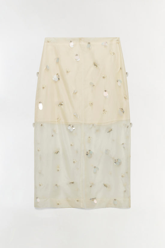 Cream organza midi skirt with scattered pearl and rhinestone embellishments throughout.