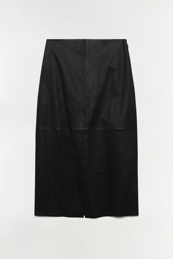 Black leather pencil skirt with center back slit and visible seam detail down the front.