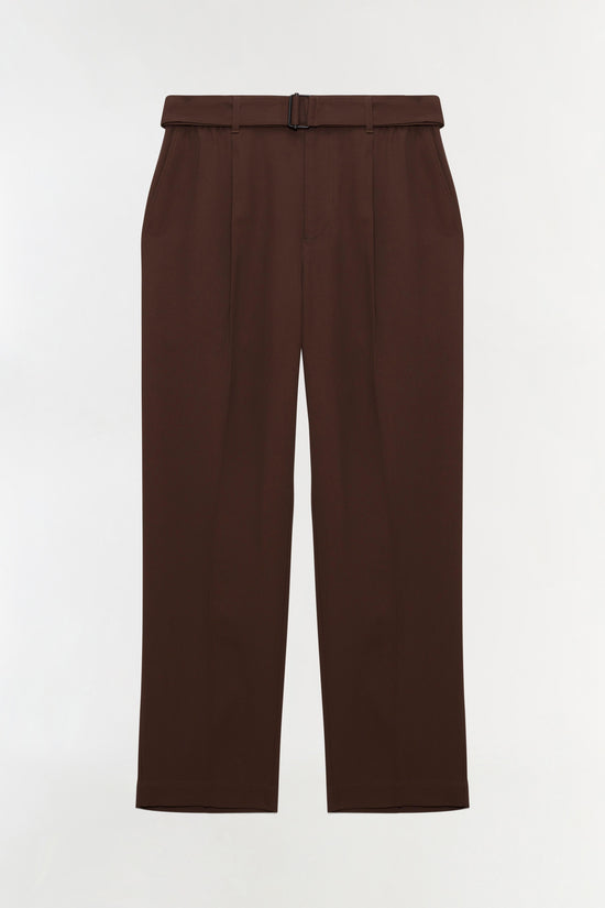 Brown wide-leg trousers with belt and center crease detail.
