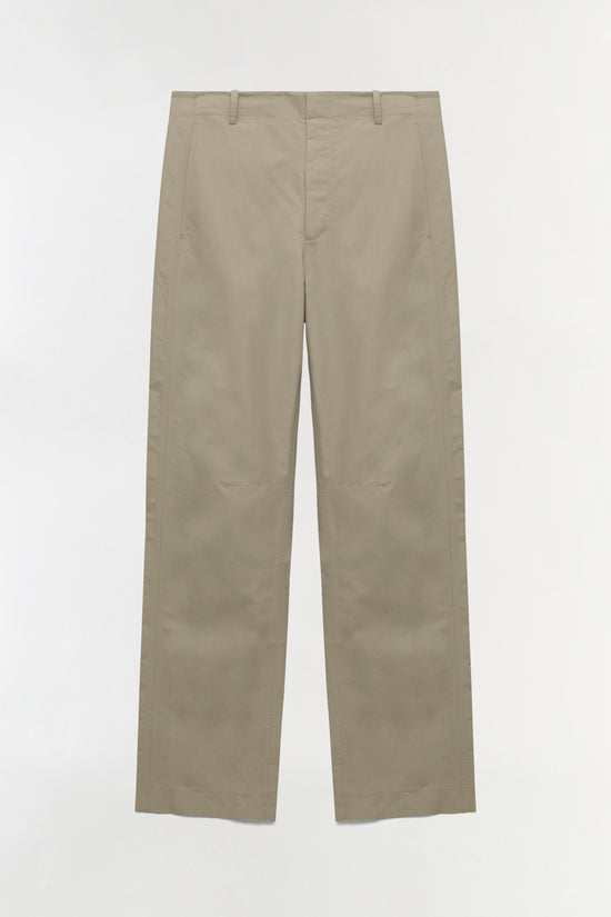 Beige wide-leg pants with flat front, side seam details, and button waistband.