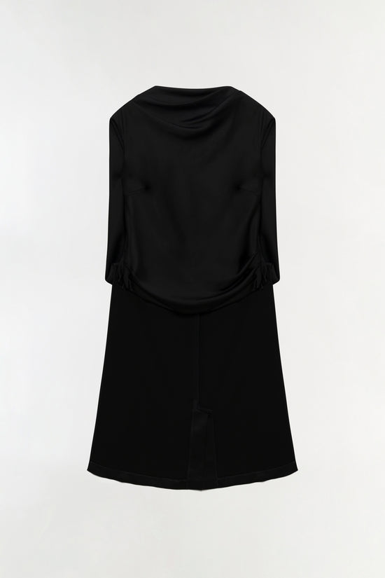 Black satin cape top with draped neckline and three-quarter length sleeves.
