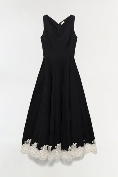 SIMKHAI Women's V-neck Mira Cotton Faille Lace Midi Dress in Black/Multi, Size 0