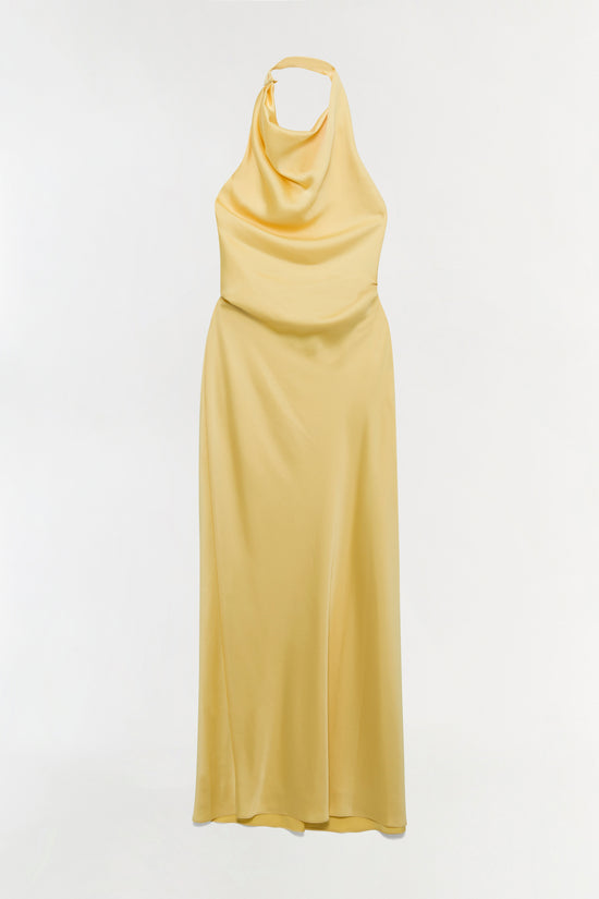 Yellow satin halter gown with draped neckline and floor-length skirt.