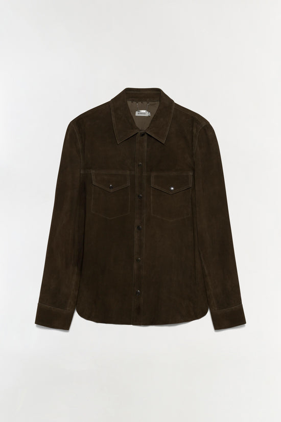 Brown suede utility jacket with button front, collar, and two chest pockets with flap closures.
