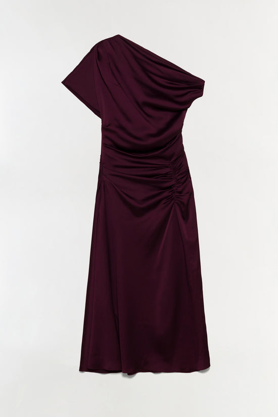Deep burgundy satin off-shoulder midi dress with draped neckline and ruched waist detail.