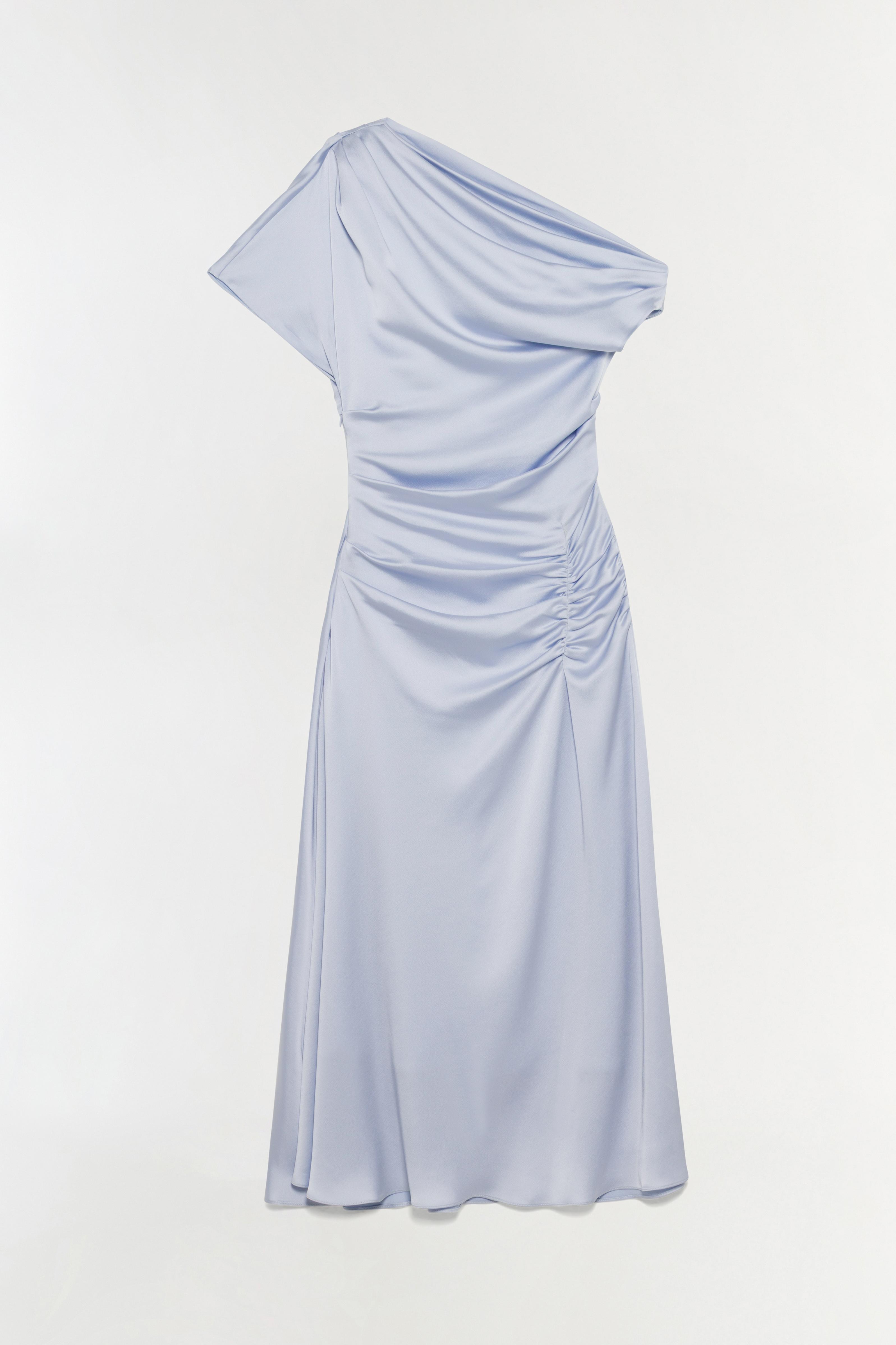 simkhai off shoulder dress SIMKHAI Women's Joanna Off Shoulder Satin Midi Dress in Periwinkle Sky, Size 0