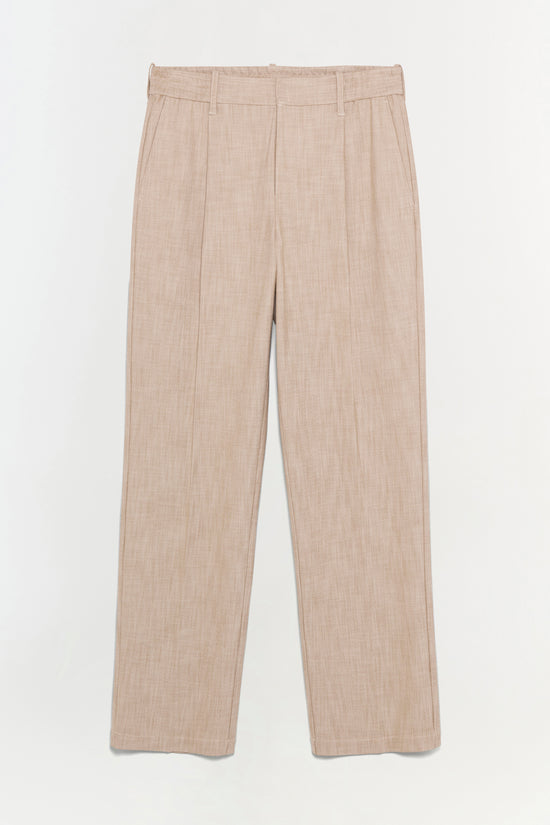 Beige linen pants with pleated front and straight leg cut.