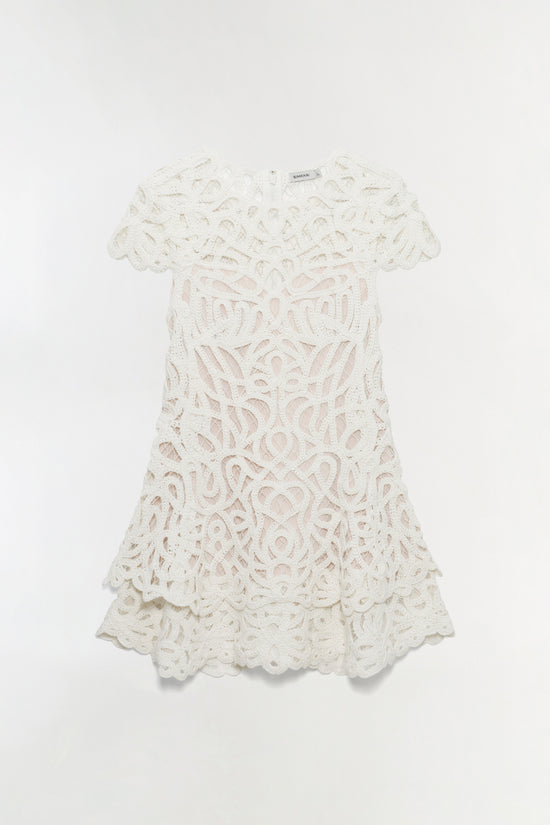 Cream lace mini dress with short sleeves and geometric cutout pattern throughout.
