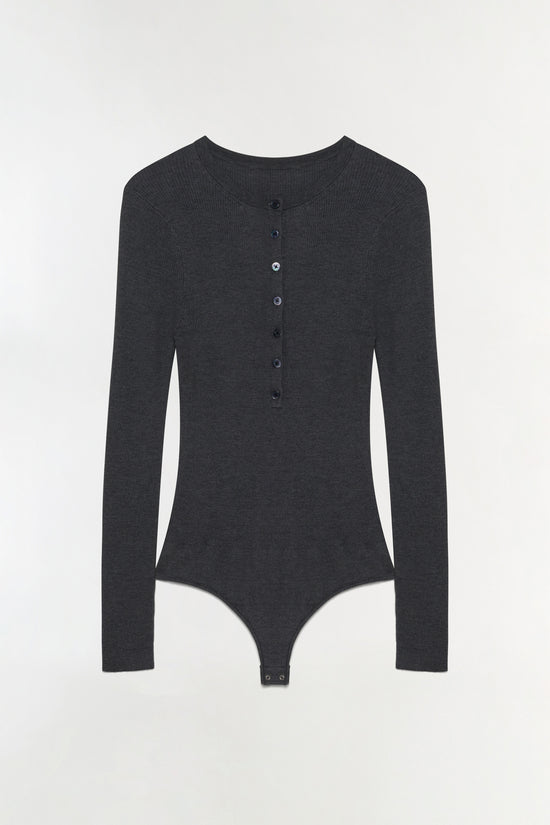 Charcoal ribbed henley bodysuit with long sleeves, crew neckline, and button front closure.