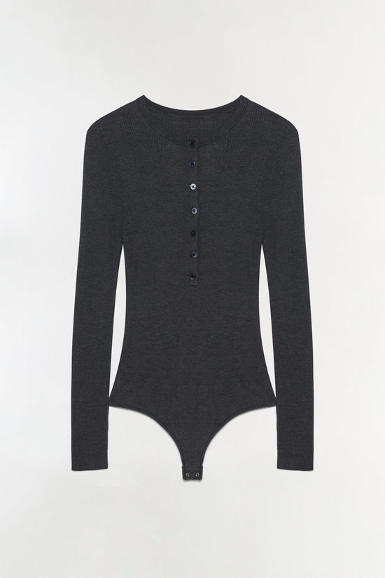Charcoal ribbed henley bodysuit with long sleeves, crew neckline, and button front closure.