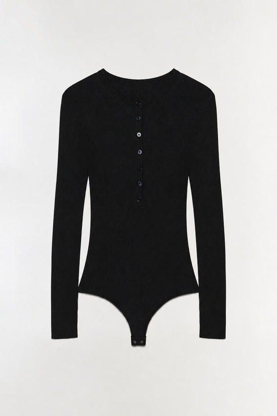 Black ribbed henley bodysuit with long sleeves, button front closure, and fitted silhouette.