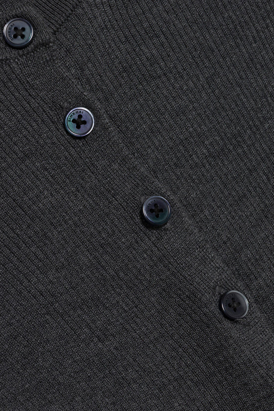 Charcoal gray knit henley with four dark buttons down the front and textured fabric.