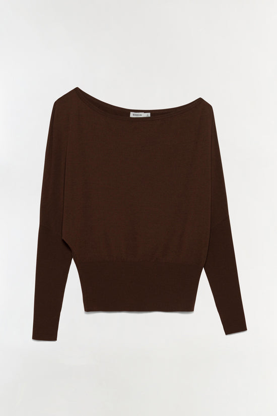 Dark brown knit sweater with off-shoulder neckline and long sleeves on neutral background.