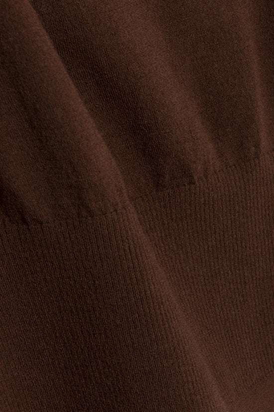 Brown knit sweater fabric with ribbed texture detail.