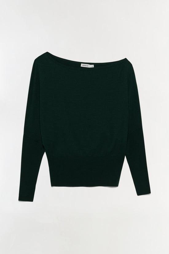 Dark green knit sweater with off-shoulder neckline and long sleeves.