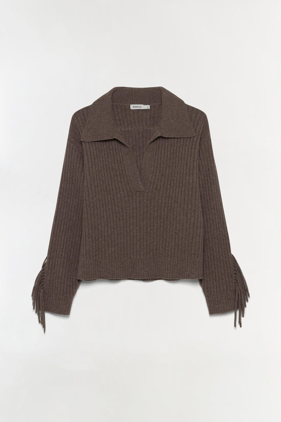 Brown ribbed sweater with a collared neckline and fringe trim on the sleeves.