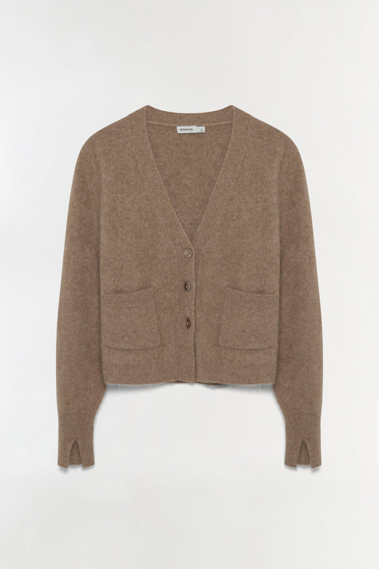 Taupe brushed knit cardigan with V-neckline, button front, patch pockets, and split cuffs.