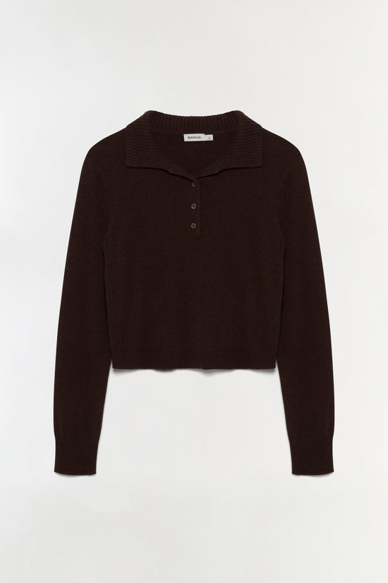 Dark brown polo sweater with long sleeves, cropped length, and button placket at neckline.