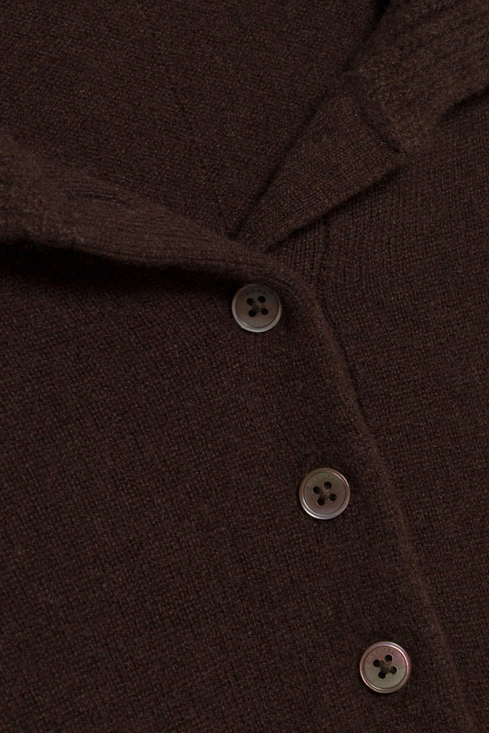 Dark brown cashmere polo with four-hole buttons down the front placket.