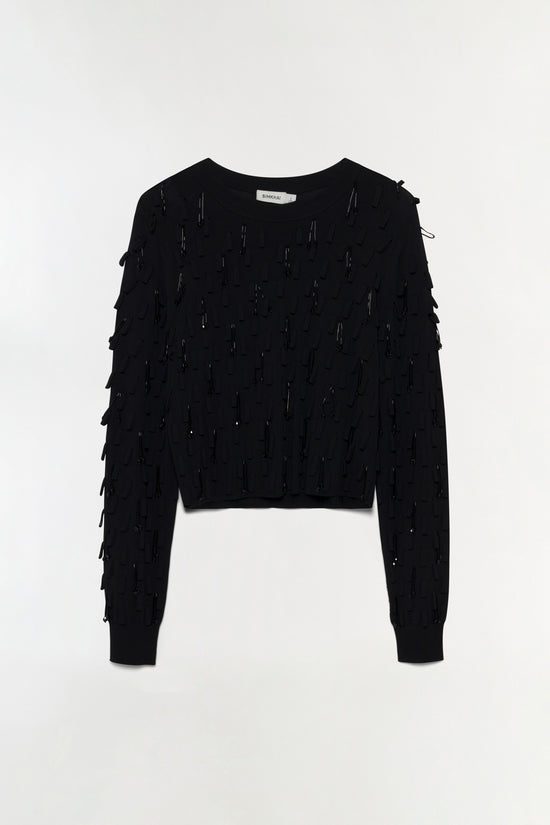 Black knit top with tassel embellishments covering the front, sleeves, and back against a white background.