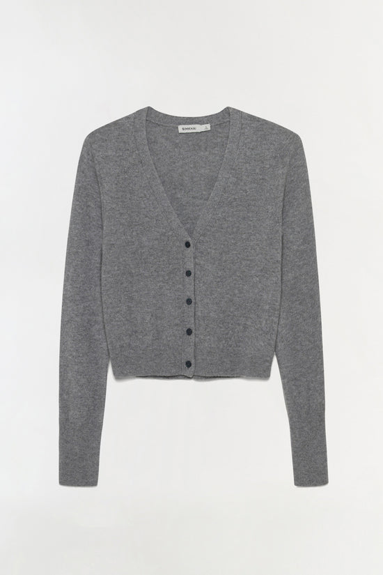 Gray cashmere cardigan with button front closure and long sleeves.