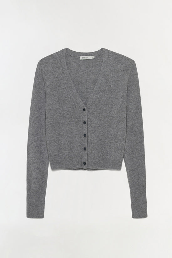 Gray cashmere cardigan with button front closure and long sleeves.