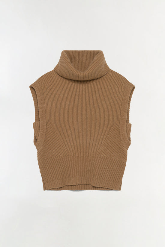 Tan ribbed knit sleeveless turtleneck top with a cropped, oversized fit.