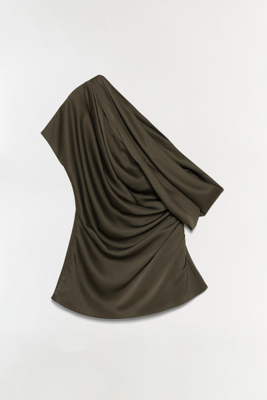 Olive green satin top with draped neckline and flowing sleeves against neutral background.