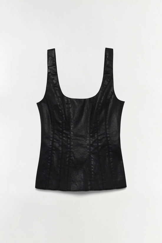 Black coated denim bustier top with wide straps and fitted bodice.