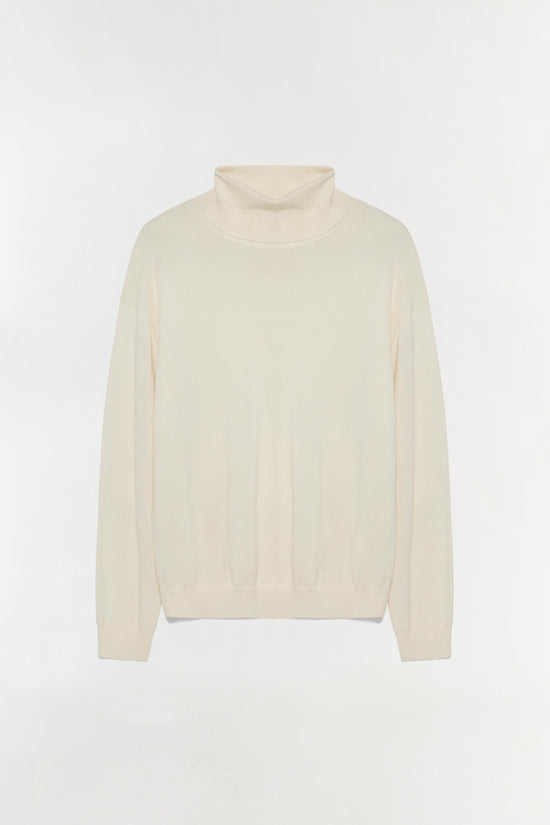Cream-colored turtleneck sweater with long sleeves and relaxed fit displayed on neutral background.