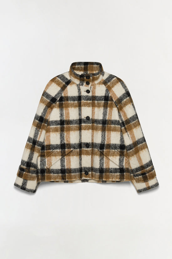 Cropped plaid jacket with cream, tan, and black checkered pattern, button front closure, and high neckline.
