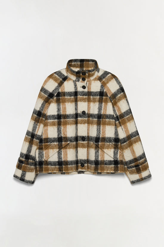 Cropped plaid jacket with cream, tan, and black checkered pattern, button front closure, and high neckline.